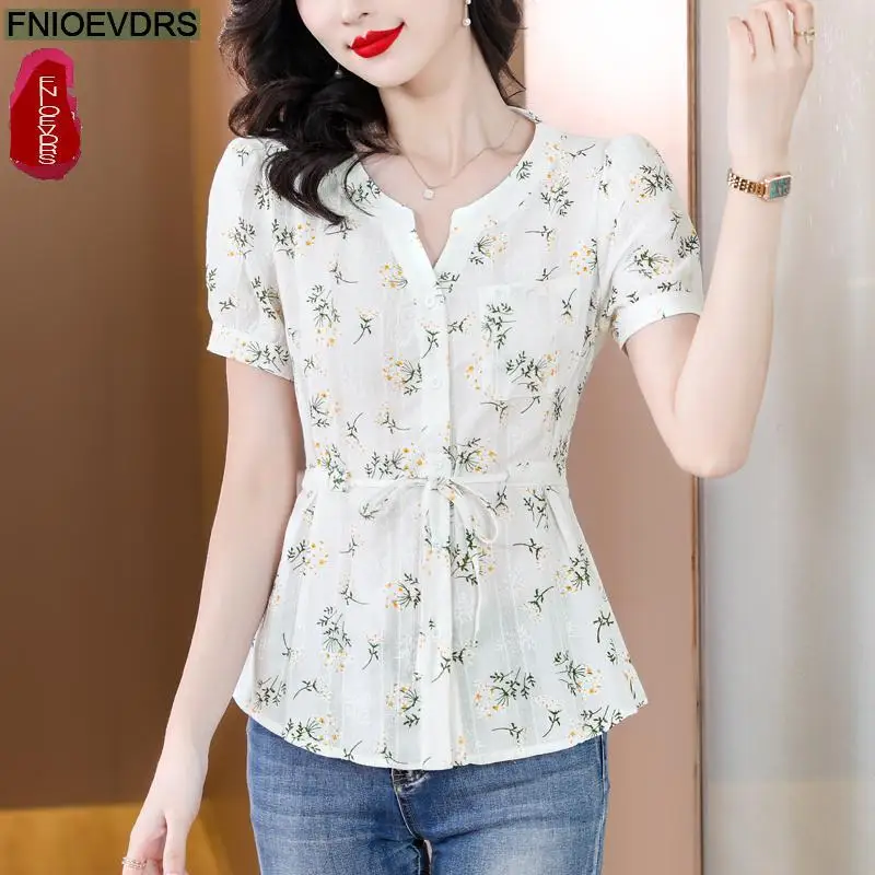 White Pink Drawstring Slim Waist Tops Women Summer Short Sleeve Cute Sweet Floral Print Retro Vintage Blouses Button Shirts