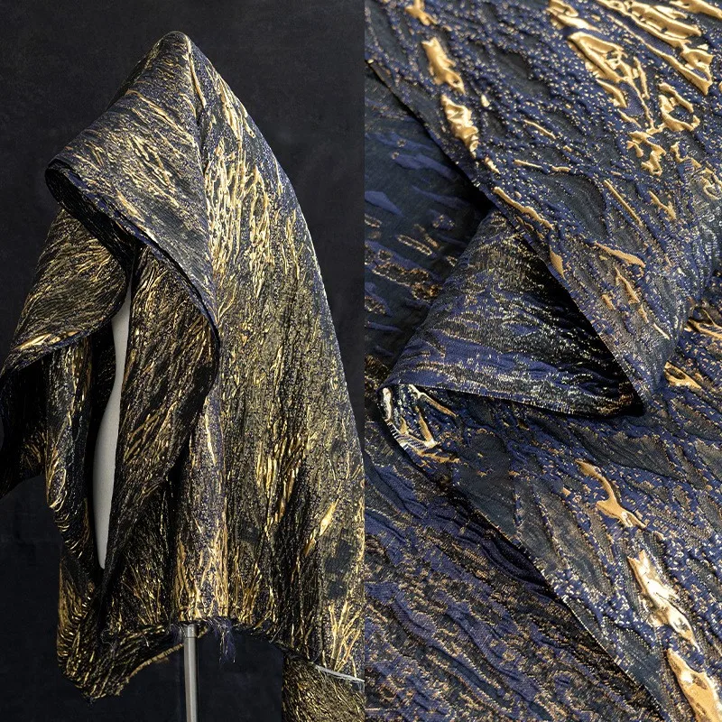 Blue and gold three-dimensional vein gilded jacquard brocade glittering heavy pleated designer fabric for clothing