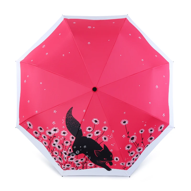 Chrysancreas cat three fold folding umbrella travel cute little fresh black rubber UV protection umbrella for men and women