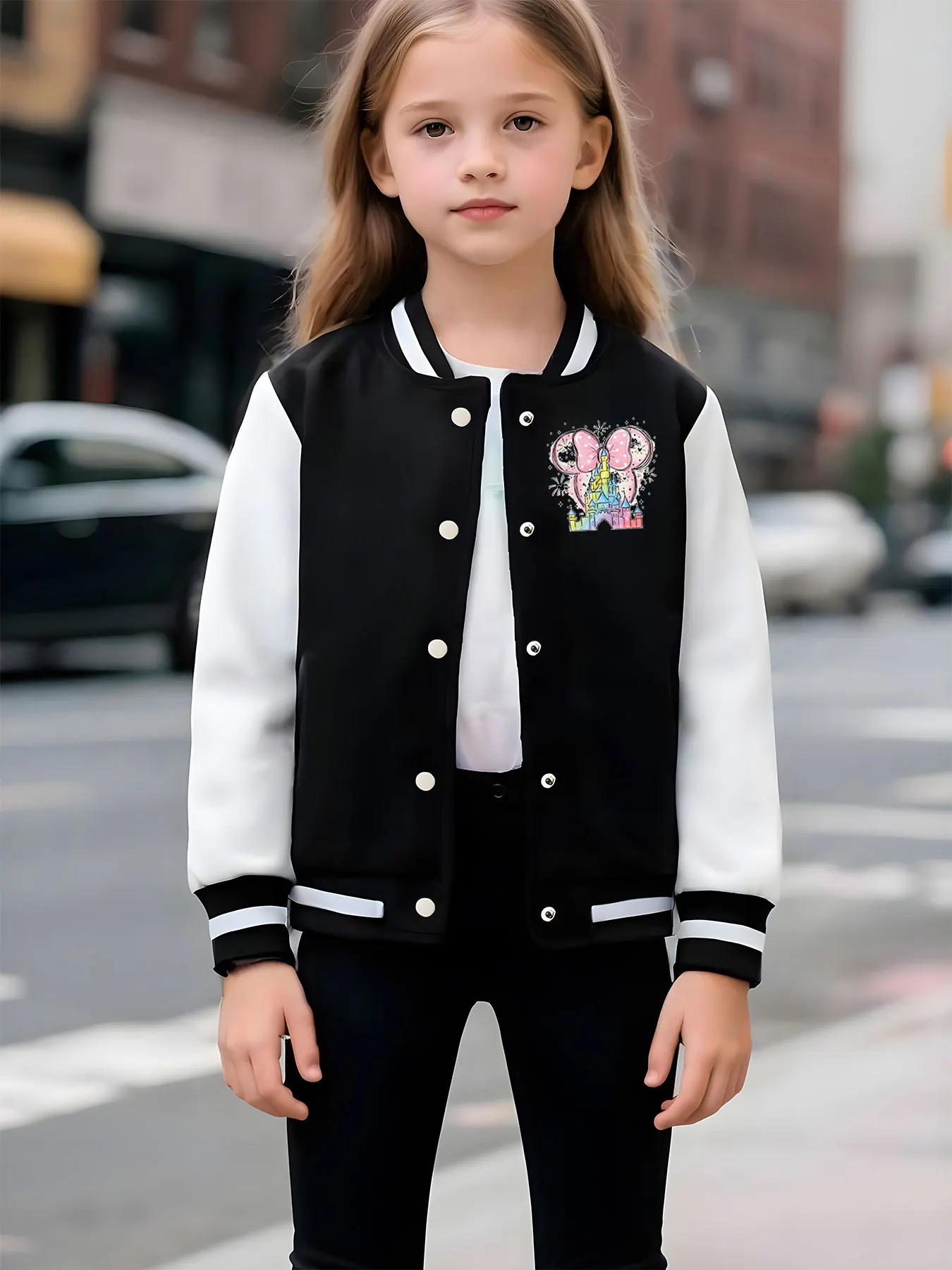 سترة بيسبول للفتيات من MINISO Disney Minnie's Castle - طباعة حالمة على الوجهين، دافئة ورومانسية في الخريف والشتاء، مناسبة