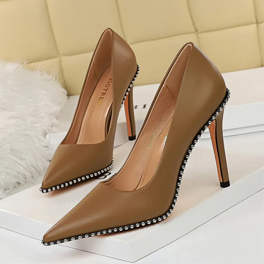 

BIGTREE Sexy Rivets String Bead Women's Shoes Party Soft Leather Pointed Toe High Heels Pumps Spring Shallow Office Shoes Women