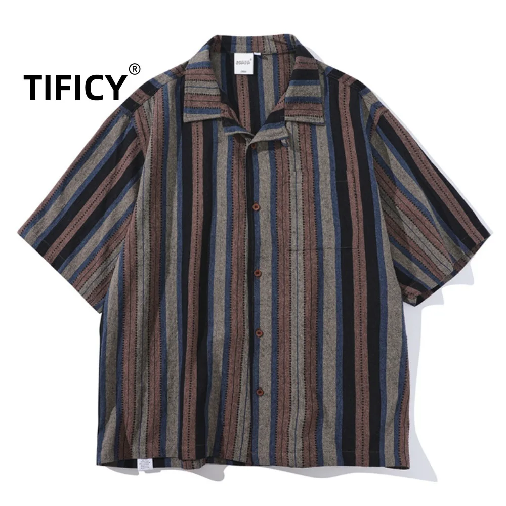 High Street Cotton Shirts Men's Japanese Retro Ethnic Striped Short Sleeved Loose Fit Hawaiian Cuban Collar Casual Shirt