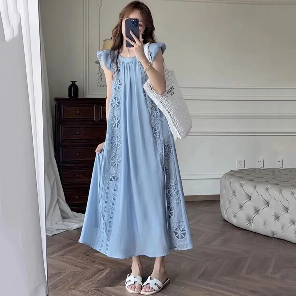 2024 Nieuwe Zomer O-hals Vliegende Mouw Jurken Voor Vrouwen Chique Losse Casual Mid-Lange Elegante Jurk Dame Strand Boho Jurk Femme Robe