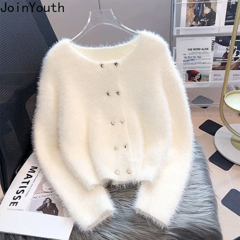 Soft Furry Cardigan Women Winter Clothing Thicked Double-breasted Pull Femme Fashion Sweet Knitting Cropped Tops Sweater Jackets