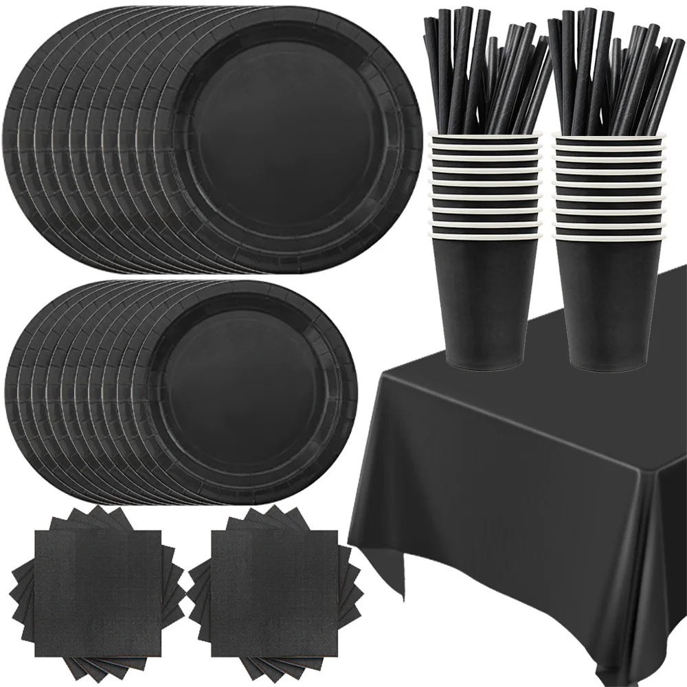 Juego de Vajilla Desechable de Papel de Color Negro Sólido, Platos, Vasos, Servilletas, Mantel, Decoración para Fiestas de Cumpleaños Infantiles, Baby Shower