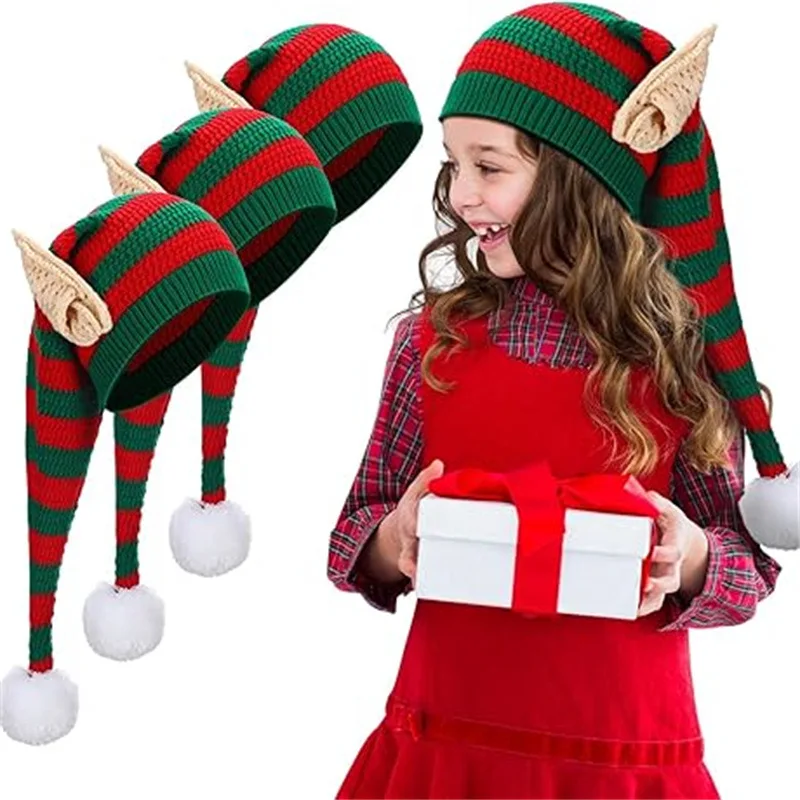 

Adult Kids Handmade Knitted Christmas Hat for Dad Mom Daughter Son Clothes FamilyStriped Elf Ears Long Tail Hat Wizard Wool Cap