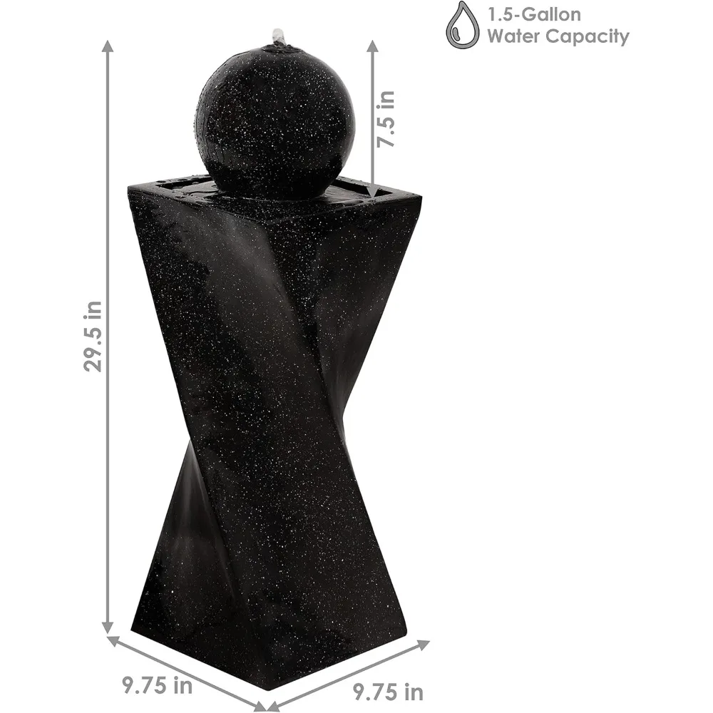 Black Ball Solar Fountain com bateria de backup e luz LED, bomba submersível, resina e fibra de vidro, 30"