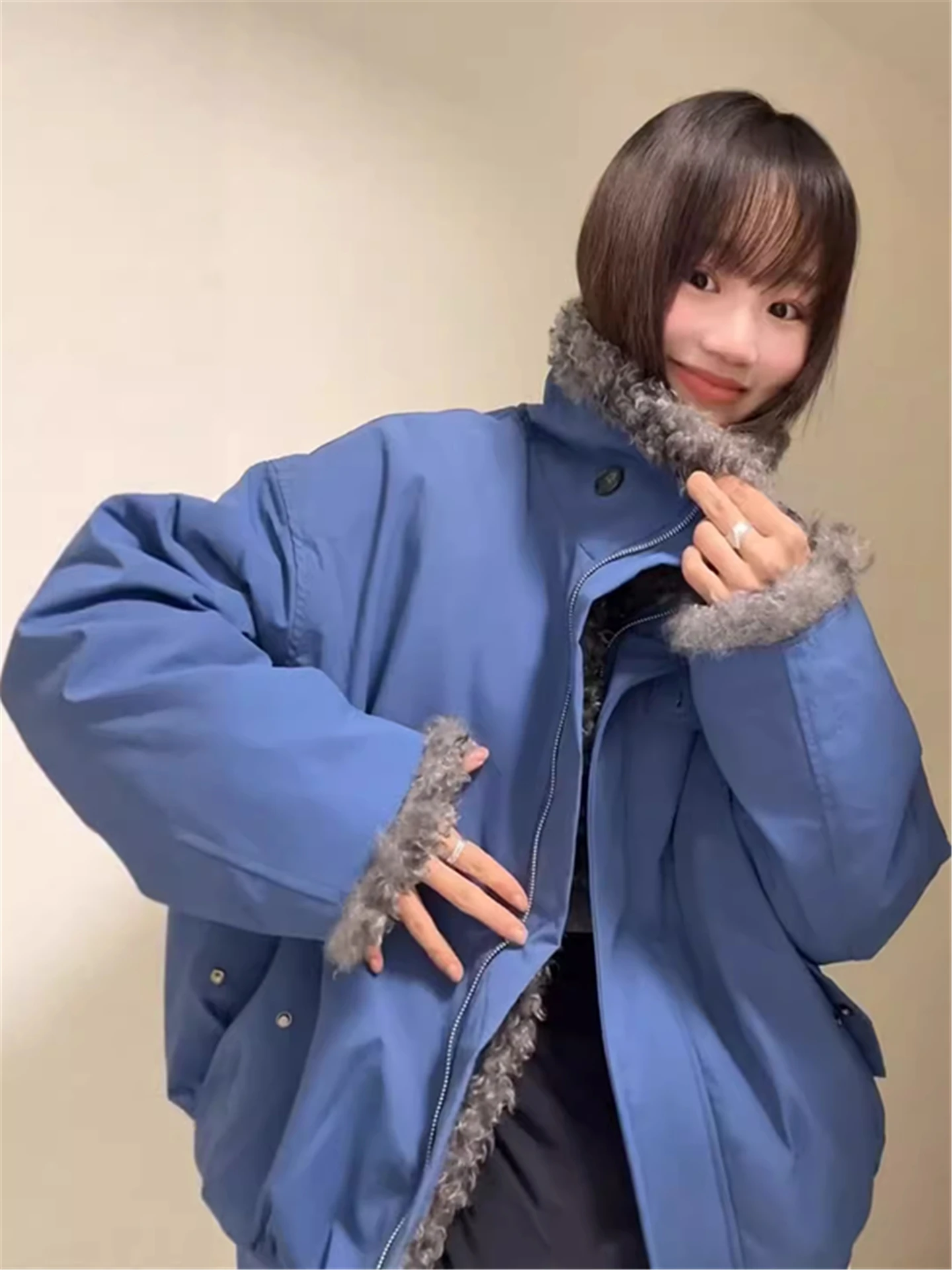 Retro American Blue Lamb Fur Cotton Jacket Women's Winter New Thickened Loose Workwear Jacket Korean Style Commute