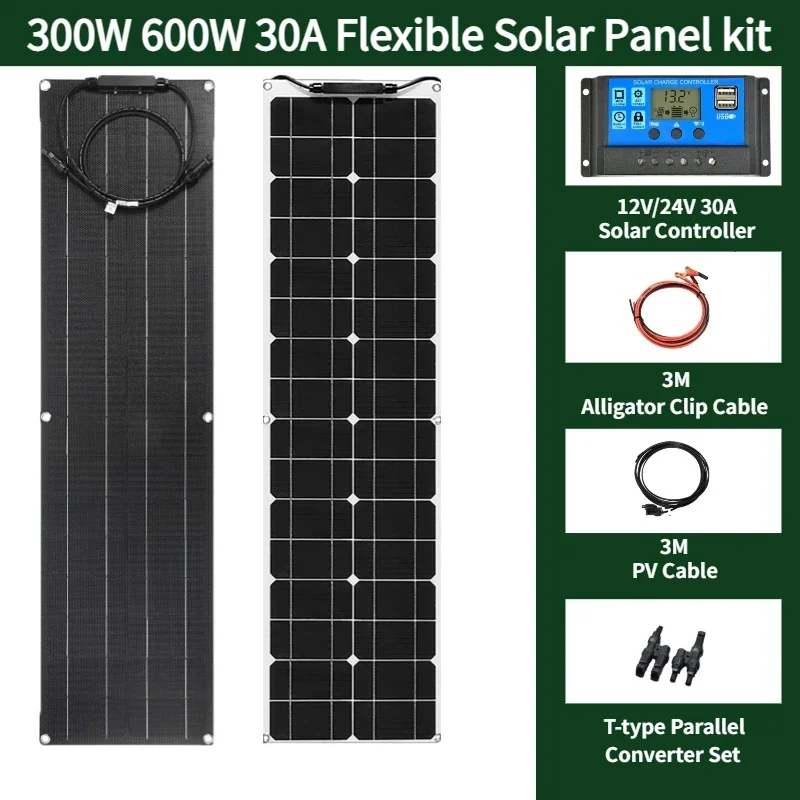 600W 300W Solar Panel 18V Solar Kit Monocrystalline Flexible Solar Charger Suitable For Automotive RV Batteries