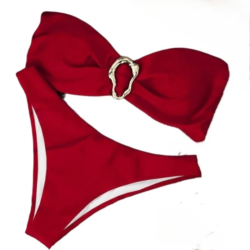 Women's Swimsuit A18 New Bikini Sexy European and American Bikini Solid Color Tube Top Cross-border Split  Swimsuit Women 2026