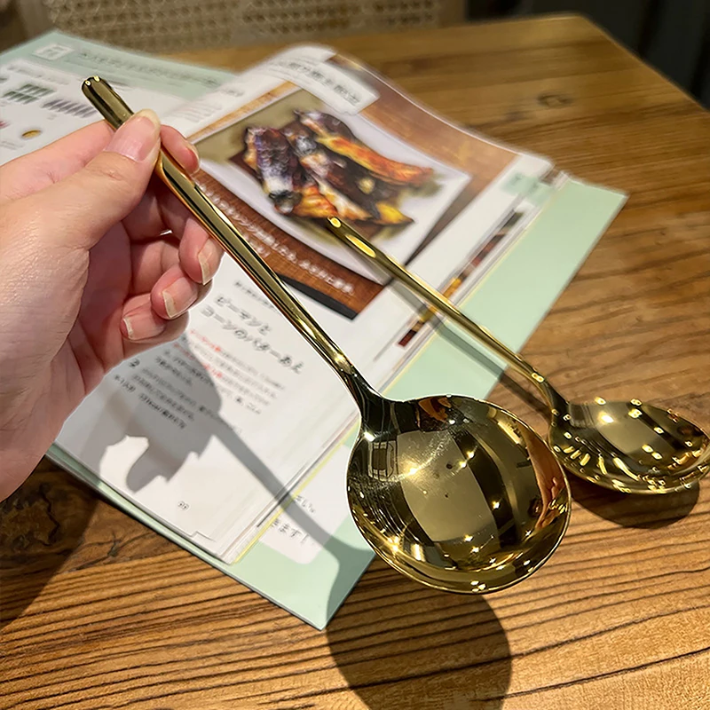 الفولاذ المقاوم للصدأ جولة رئيس ملعقة النمط الغربي مقبض طويل ملعقة سميكة الأكل ملعقة المنزلية مغرفة أواني المطبخ