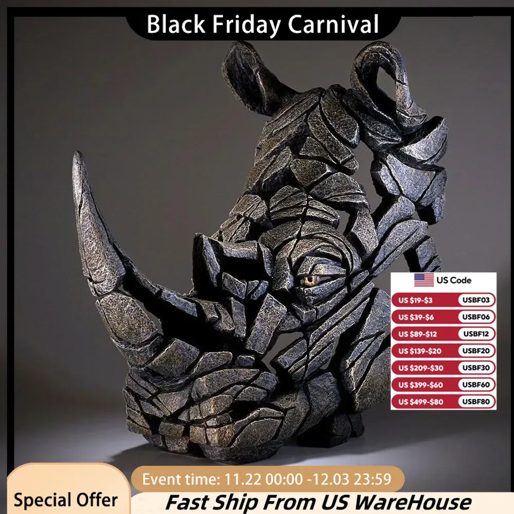 Edge Sculpture Rhinoceros Head Animal Statue, 19.3 Inches, Dark Gray, Made of High-quality Resin Stone, Exquisite and Delicate