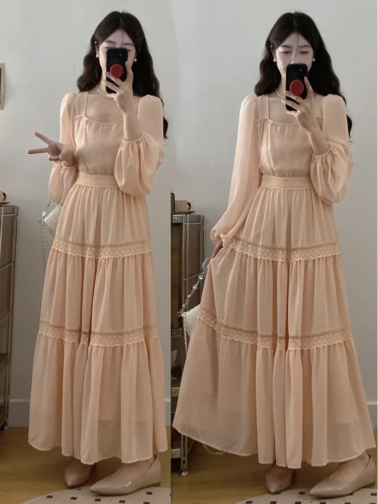 

plus Size Tea Break Sweet Goddess Style Fat MM Slimming 2026 Beach Vacation Nude Pink Square Neck Long Dress Women's Dress
