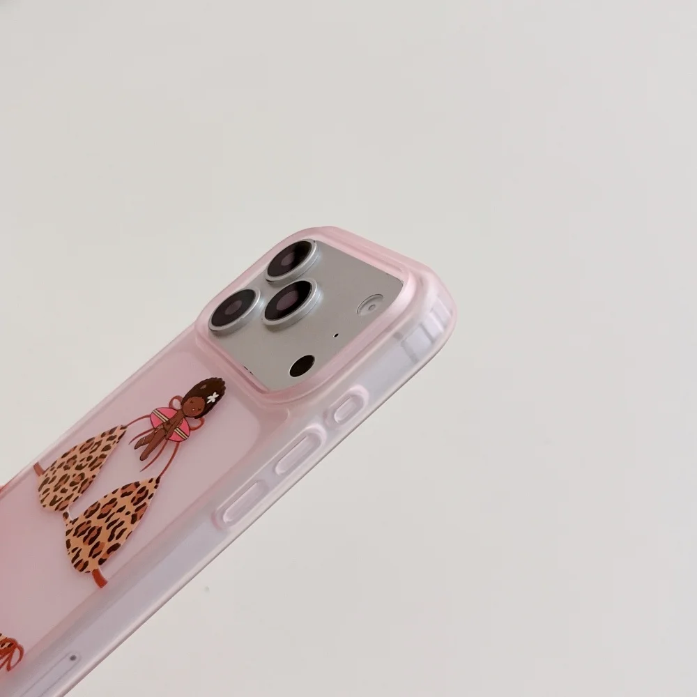 Cute Cartoon Leopard Print Bikini Phone Case For iPhone 17 16 15 ProMax Transparent Pink Border Soft Shockproof Protective Cover view 5