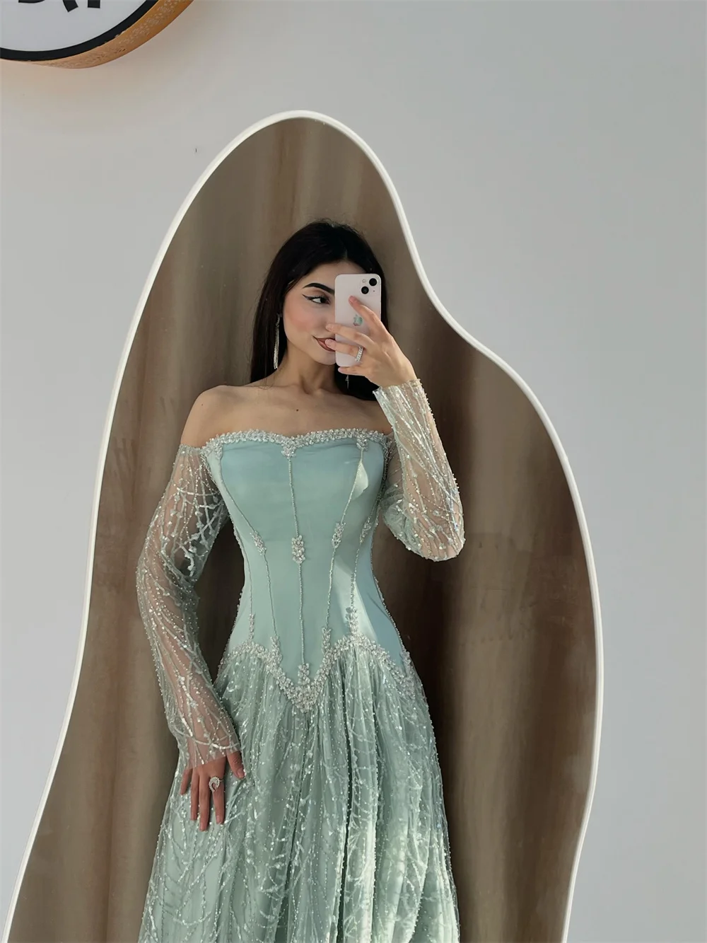 Cathy Aangepaste Groene Uit De Schouder Kant Prom Dress Lange Mouwen A-lijn vestidos de noiva Vloerlengte Formele Avond 2025