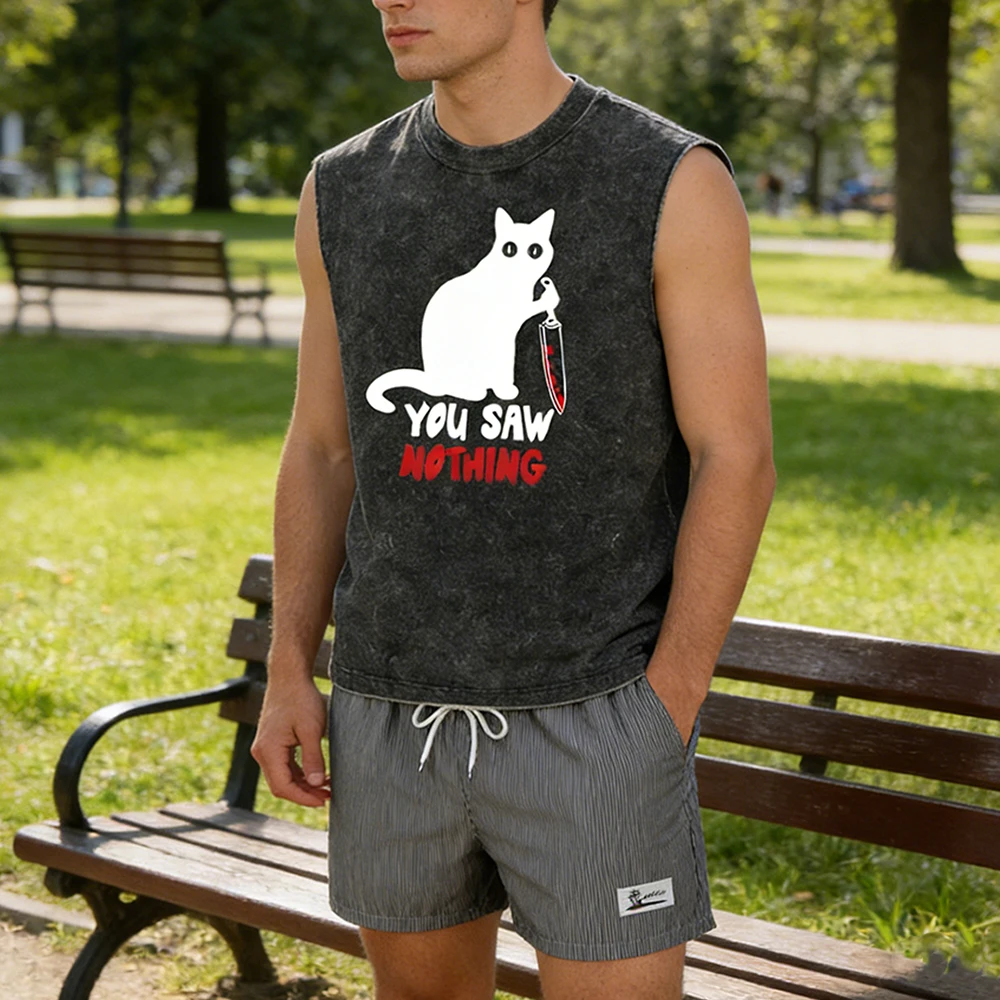 

Men Casual Quick Dry 2 Piece Outfit: Vintage Washed Sleeveless Tee & Pinstripe Swim Shorts Set with "You Saw Nothing" Cat Print