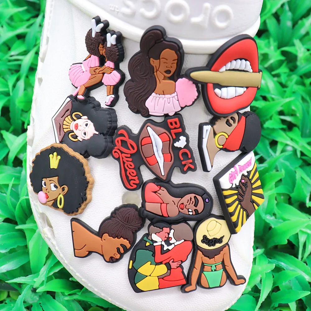 New Arrival 1-25Pcs Black Queen Boy Bye Woman Sandals Shoe Buckle Charms Fashion Accessories DIY Kids Party Present