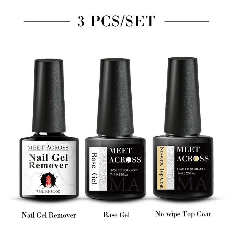 Non-Wipe Top Coat + Base Gel + Removedor de Unhas Gel 3pcs Gel Nail Polish conjunto funcional Nail Art Salon Kit profissional