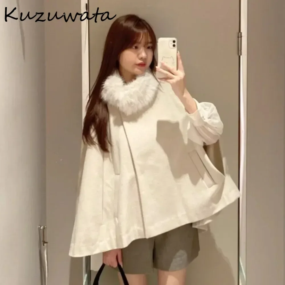 Kuzuwata Warm Fur Collar Cloak Loose Irregular Jacket Woolen Thick Personalized Ruched Blends Japan New Elegant Streetwear Coat