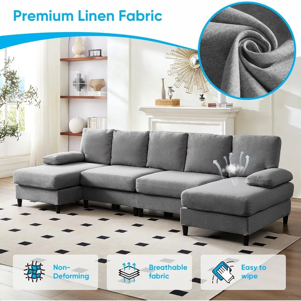 114 U-Shaped Living Room Sofa Set, Linen Fabric Oversized Sectional Soft Couch, 4 Seat Modern Couches with Removable Pill