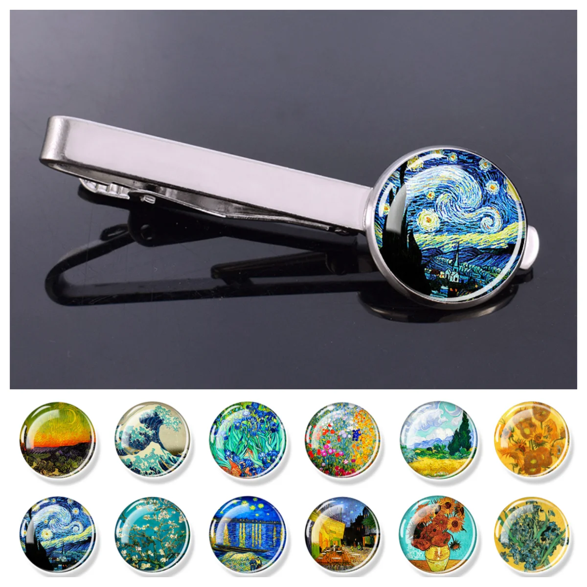 فان جوخ النفط اللوحة التعادل كليب أزياء الرجال الفن مجوهرات ليلة المشهد نمط فضي اللون التعادل كليب الفنان هدية عيد الأب