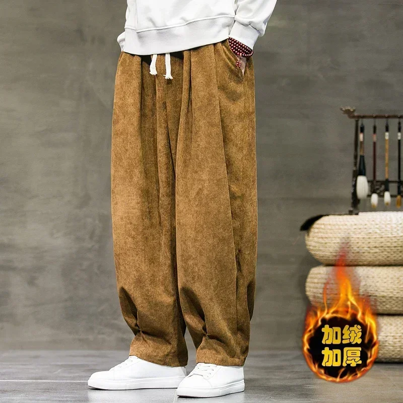 Winter Corduroy Pants Men\'s New Fashion Solid Color Fleece Thickened Oversized Harem Sweatpants Winter Women\'s Warm Casual Pants