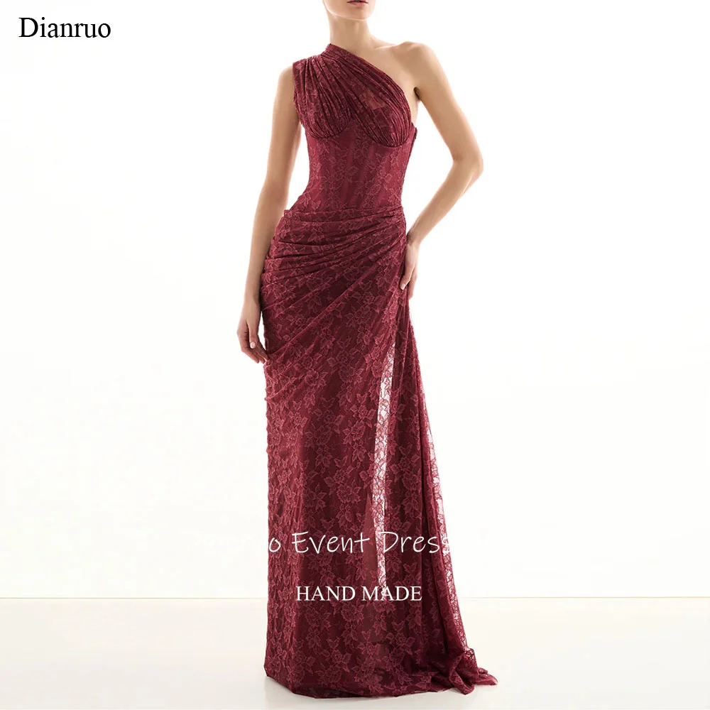 

Dianruo Burgundy Mermaid Evening Dresses Modern Long Lace One Shoulder Vestido De Novia Appliques Ruched Robe Soirées Customized