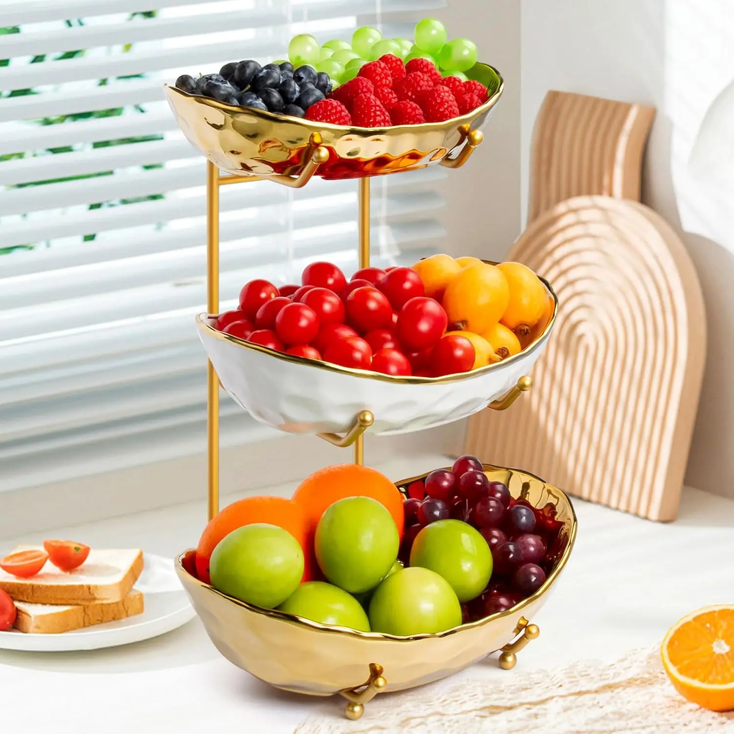 

3-Tier Ceramic Fruit Bowl with Metal Stand, Large Capacity Modern Display for Kitchen Countertop Party