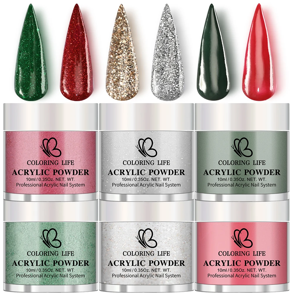 ผงอะคริลิคแต่งเล็บคริสต์มาส 6 สี/ชุด สีแดงเขียว กลิตเตอร์ คริสตัล สำหรับต่อเล็บ/ต่อเล็บปลอม