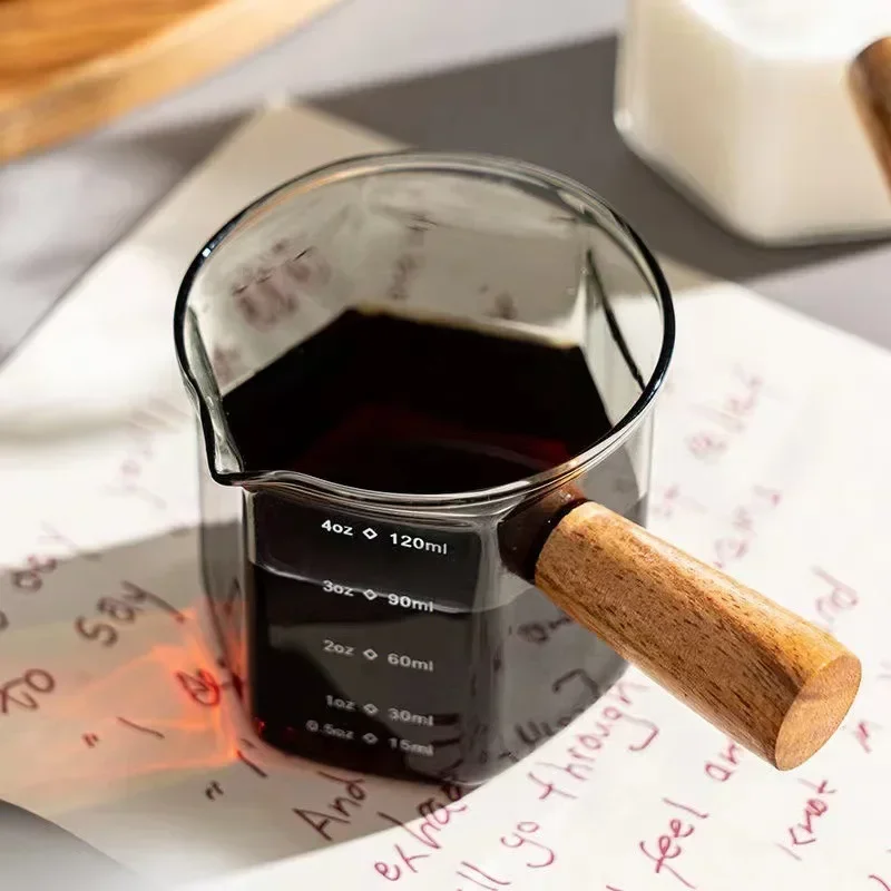 120ML Espresso Extraction Cups Glass Coffee Cup With Scale & Wooden Handle Single Mouth Measuring Cups Latte Milk Jug ounce cup
