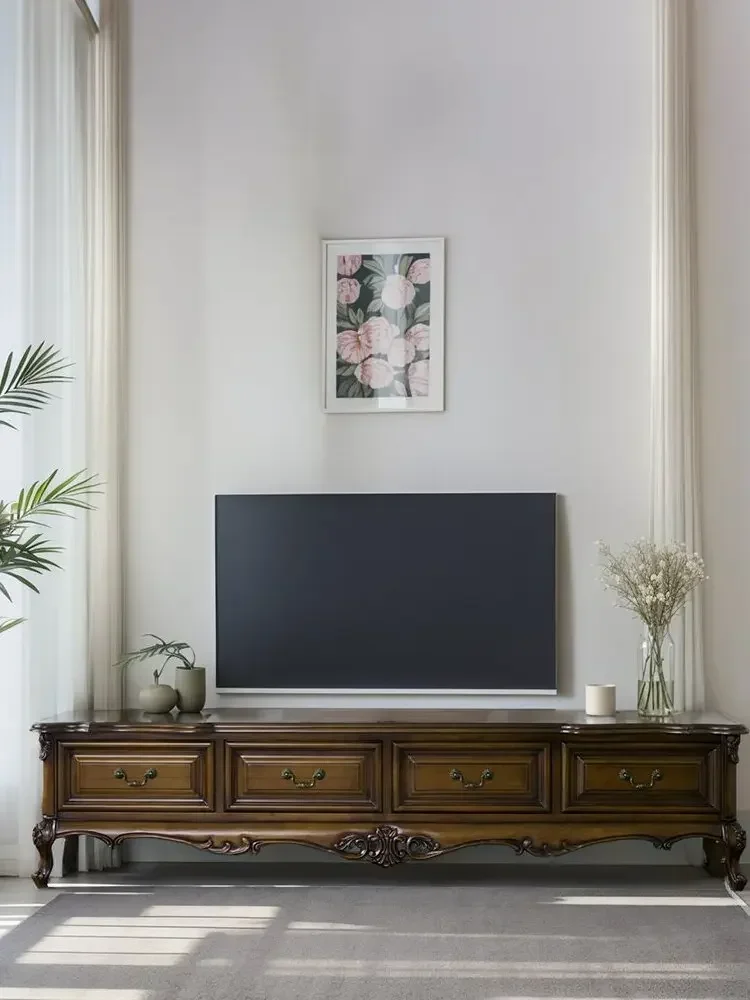 

American style TV cabinet, solid wood living room, household coffee table combination, European style small unit retro light