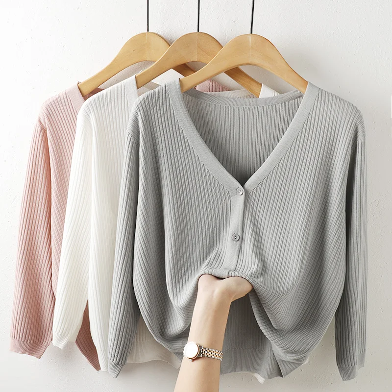 

Solid Knitted Women Sweater Cardigan Autumn New 2022 V-Neck Soft Material Loose Casual Homewear Female Coats Tops