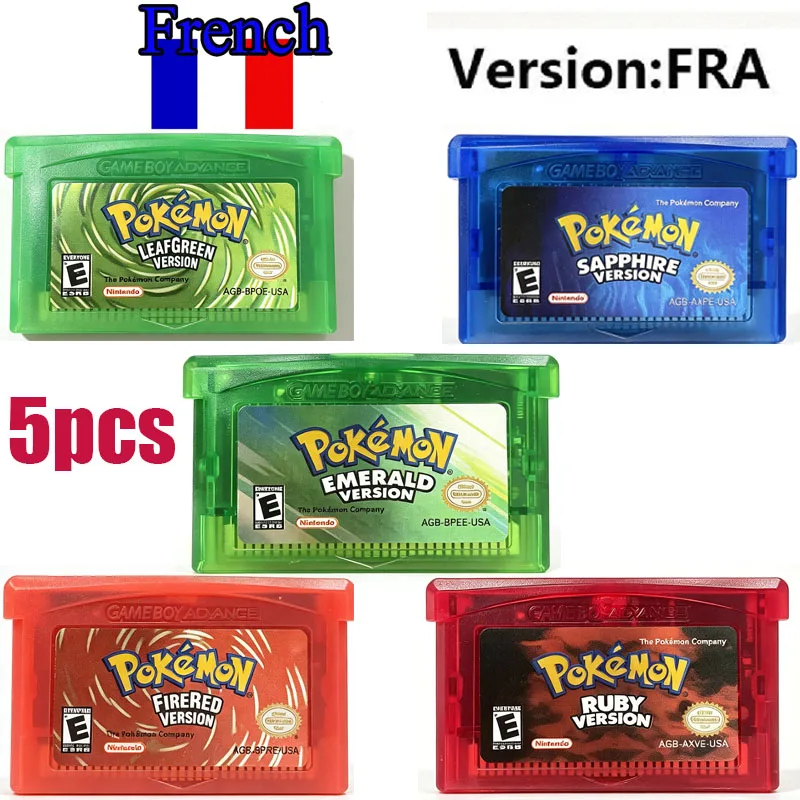 NEW Pokemon GBA Game Cartridge Version E Meraude Rubis Saphir Green and Red Leaf Flame French FRA For Boy Advance GBA SP NDS