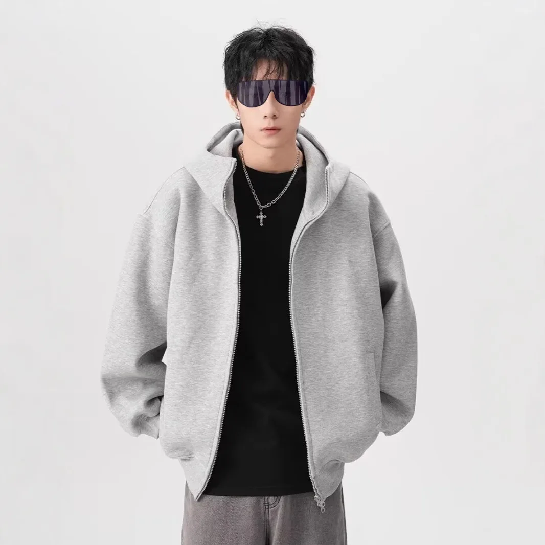 Korean Turtleneck Hoodies for Men Zip Up Hoodies Jacket Autumn Winter Retro Loose Oversized Hooded Sweatshirt Coats Streetwear