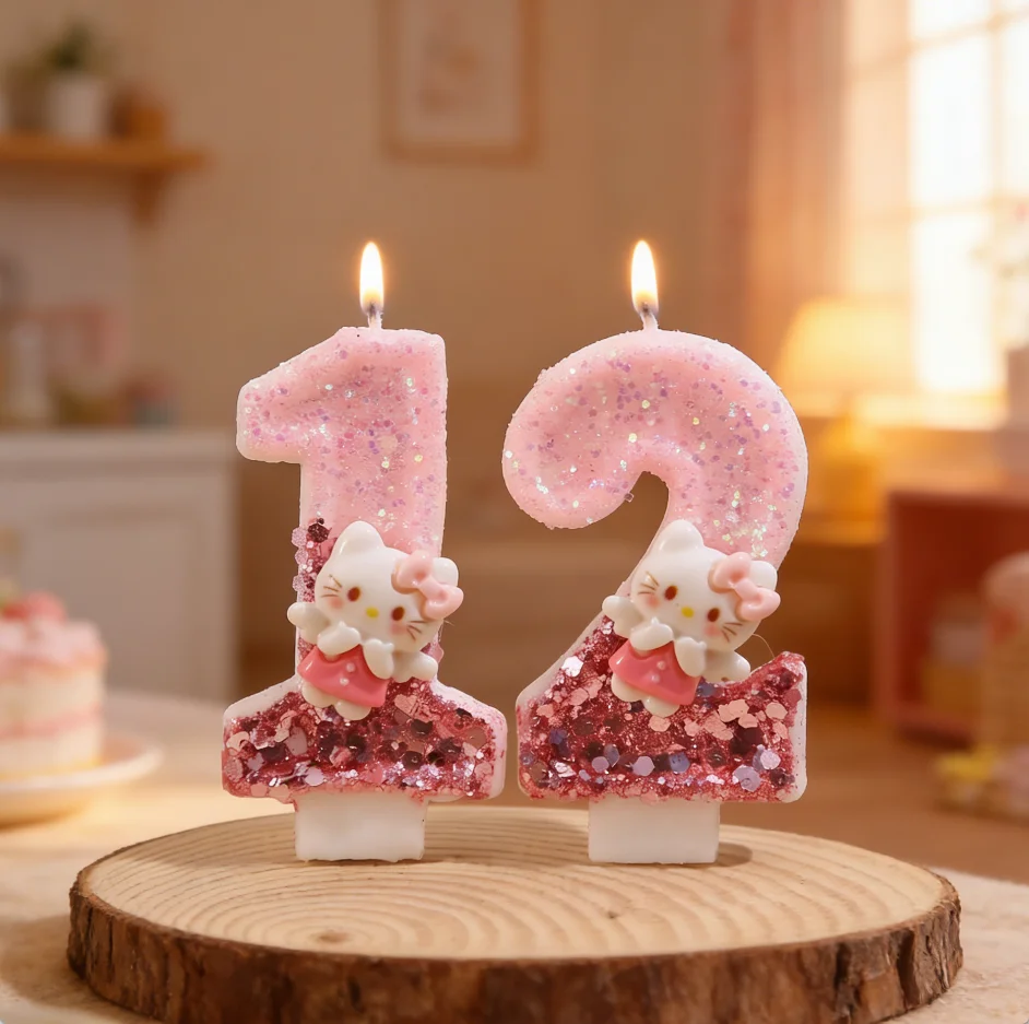 

Новая свеча-цифра Hello Kitty для дня рождения, 0-9, розовая, с блестками, для украшения торта, с мультяшным рисунком, цифровая свеча для праздничных вечеринок, декоративная