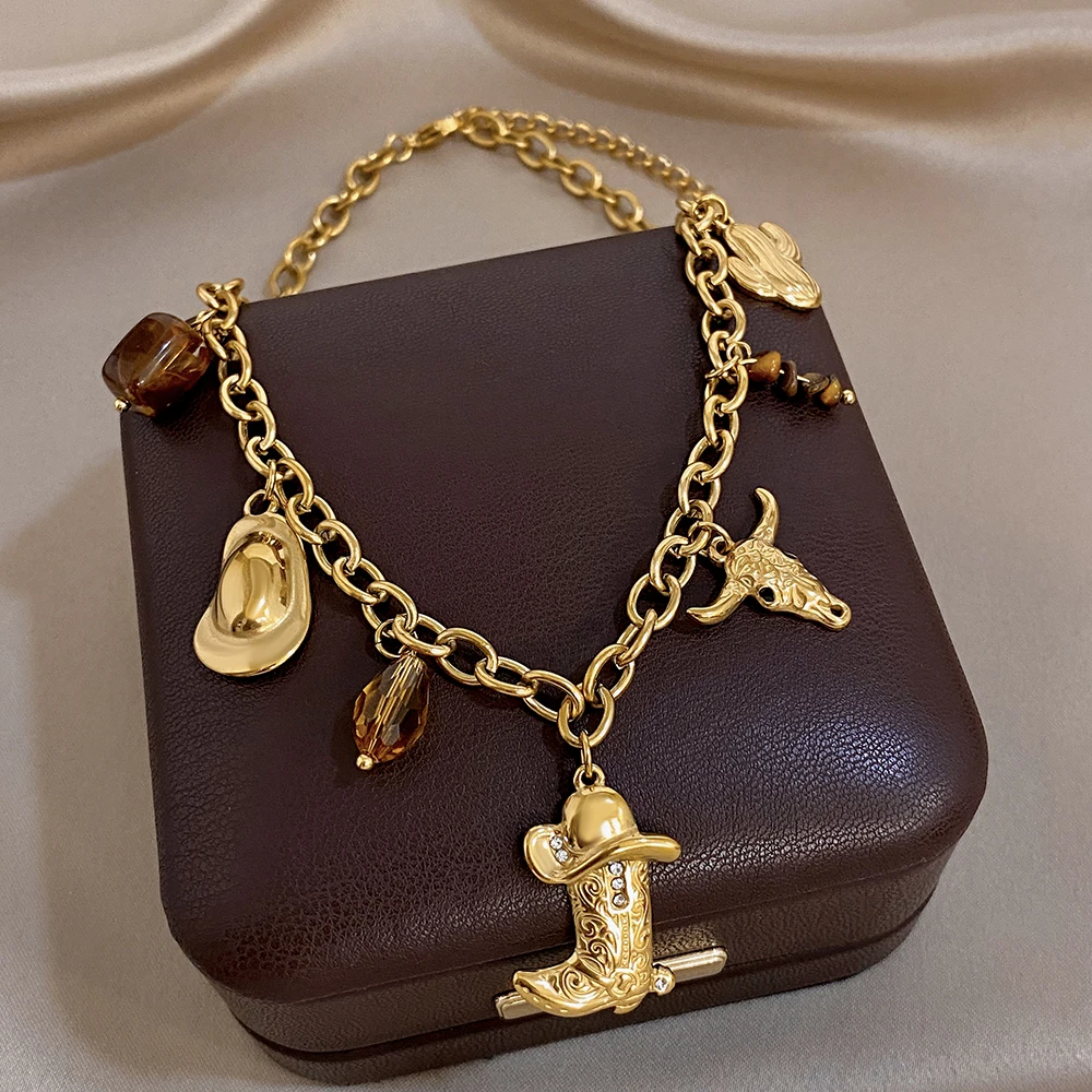 Flashbuy New Stainless Steel Vintage Chic Bull Head Amber Irregular Stone Cowboy Hat Charm Boots Pendant Necklace Party Jewelry