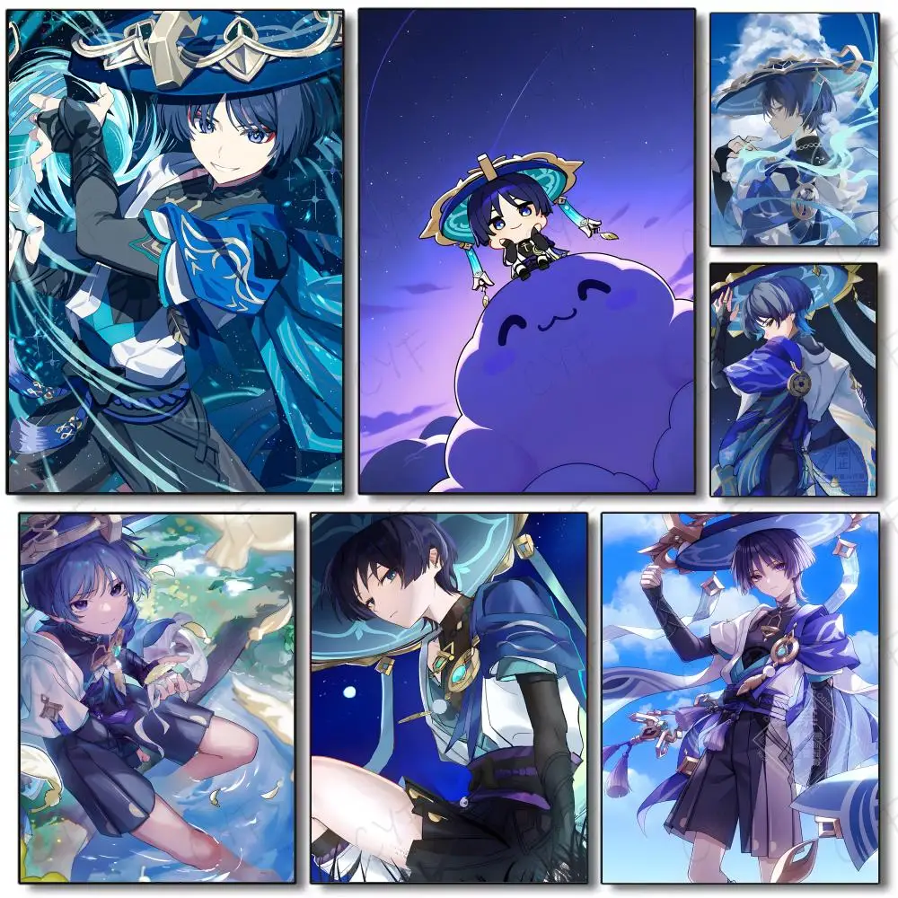 anemo character poster G-Genshin Impact Wanderer Scaramouche Poster Painting Wall Art Mural for Living Room Home Decor and Gifts