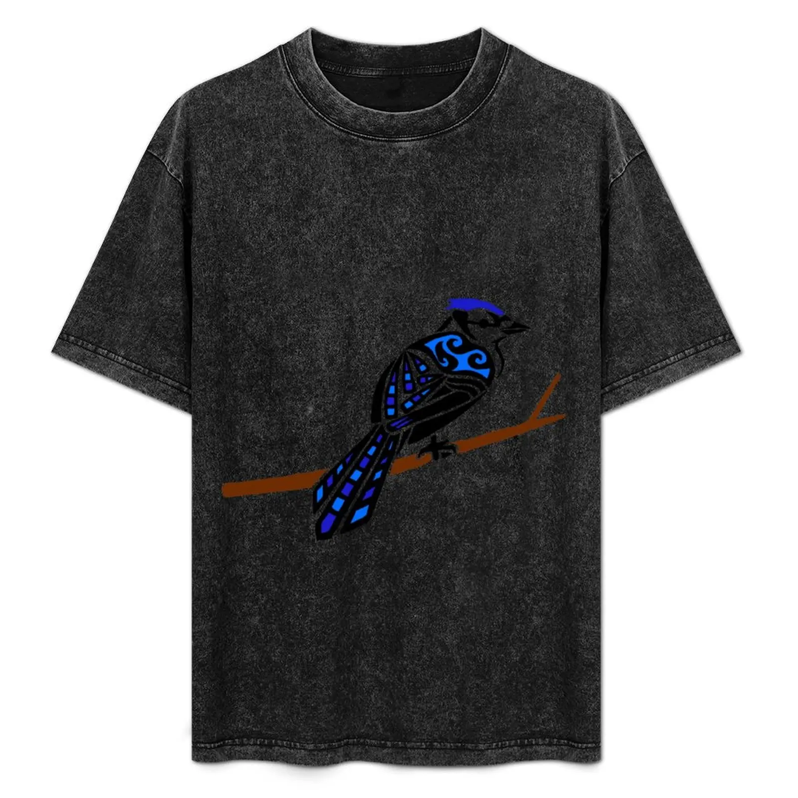 Blue Bird Colored Tribal Design T-Shirt Casual Street Style Short Sleeve Tee
