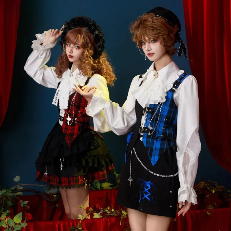 

Крутой наряд Лолиты Ouji, клетчатая рубашка субкультурного принца с длинными рукавами, жабо, шорты, комплект с юбкой, хит продаж 2023 года