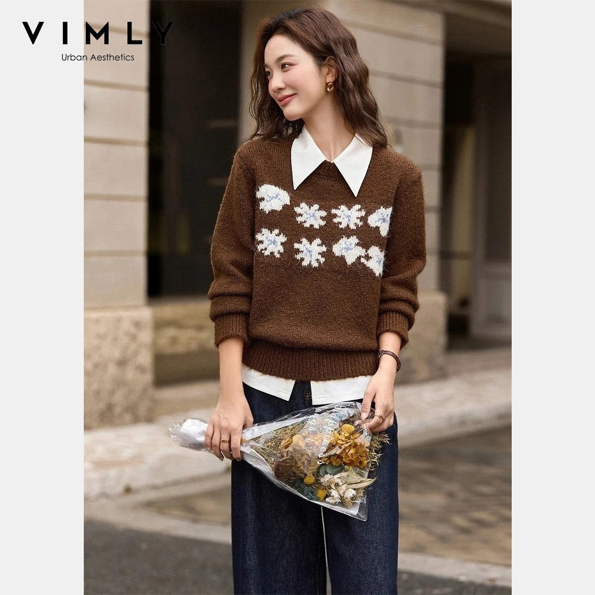 

VIMLY женский вязаный свитер зима 2025 ретро шерстяной свитер с круглым вырезом жаккардовые пуловеры высокая эластичность мягкие женские топы 75252