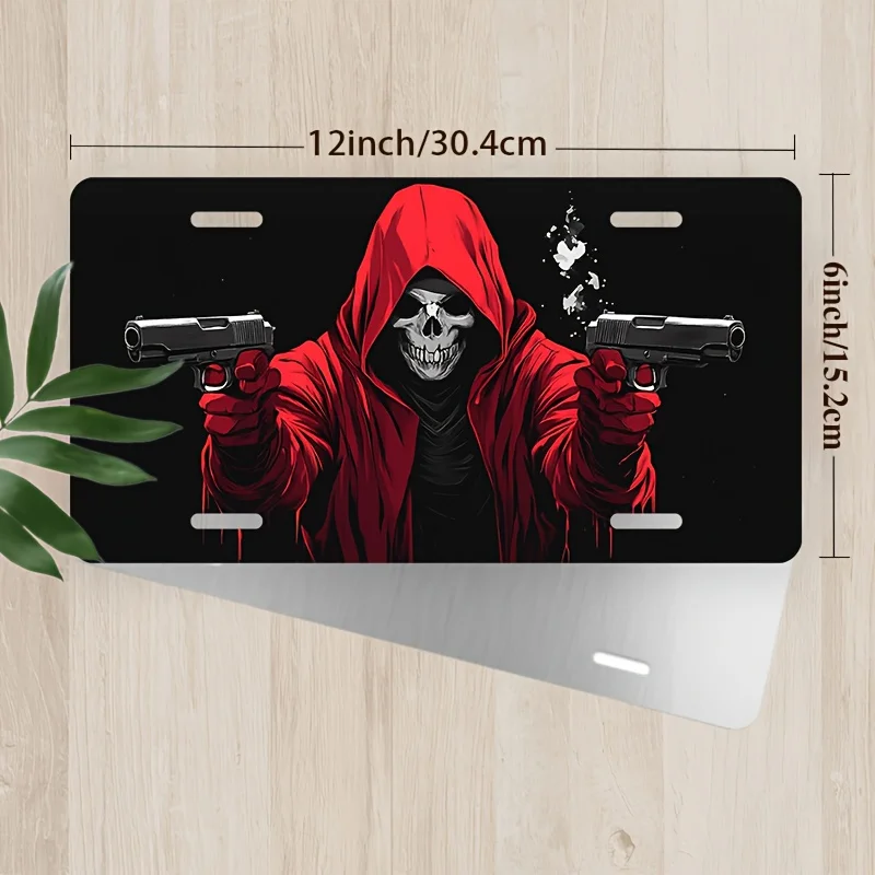 Skull and Gun Aluminum License Plate Frame, Polished Surface, Black Background, Featuring Red Beatles, Unisex