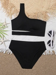 Girls' Swimsuit Bikini 2024 New Solid One Shoulder Bikinis Set Children Swimwear Summer High Waist Kids Beach Wear Bathing Suit