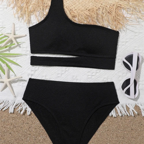 여아용 솔리드 원숄더 비키니 세트, 어린이 수영복, 하이웨이스트 비치웨어, 목욕 세트, 2024 여름 신상 