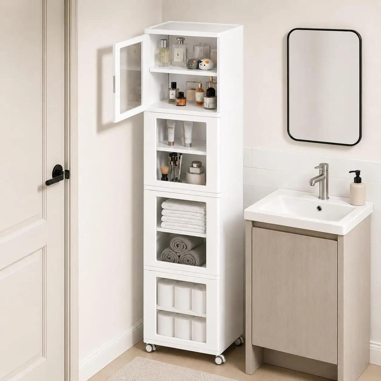 Waterproof Bathroom Storage Cabinet 4 Shelves 4 Drawers Flexible Door Rotating Wheels Laundry Kitchen Living Room, Customized