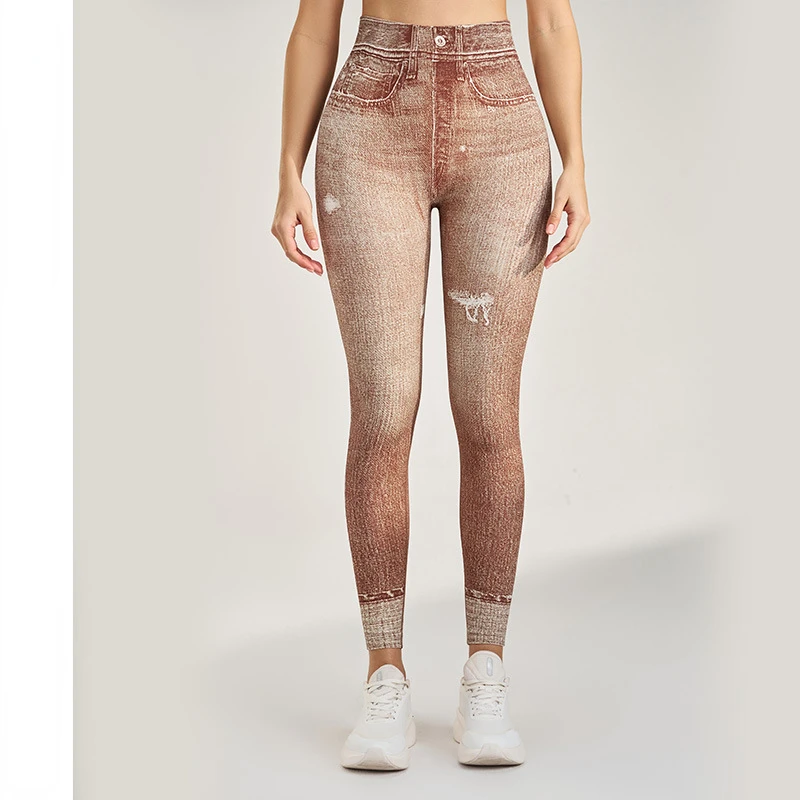 Legginsy z imitacją dżinsu Damskie spodnie codzienne Wysokie elastyczne rajstopy w pięciu kolorach Seksowne legginsy do ćwiczeń na siłowni i jogi