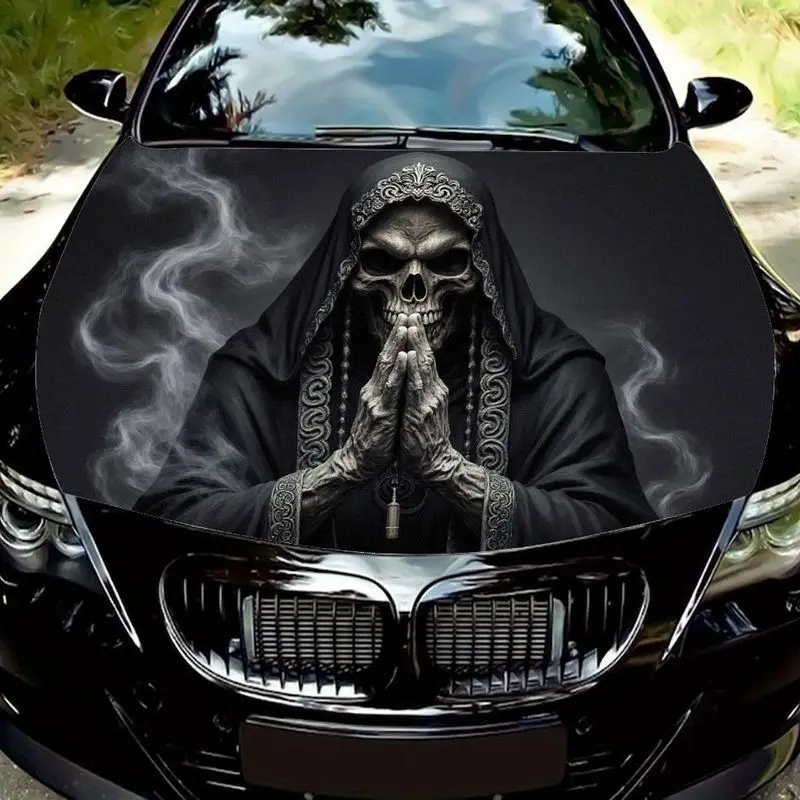 

1 skull skull mask skull pattern gorgeous black hood robe silver and white decoration weird fog dark background car hood