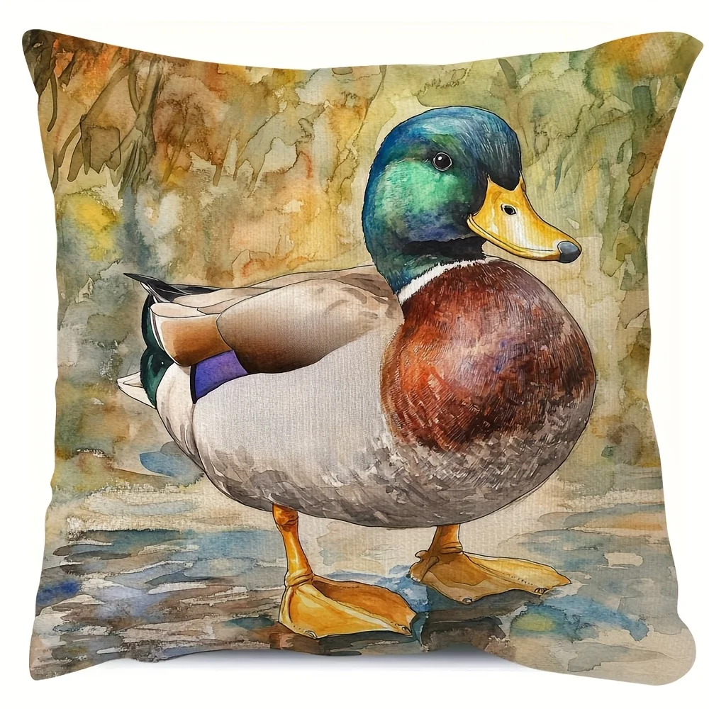 Chubby Mallard Duck Pattern Double-Sided Pillowcase, Cute Bird Illustration Cushion Cover with Zipper, Washable Decor Case