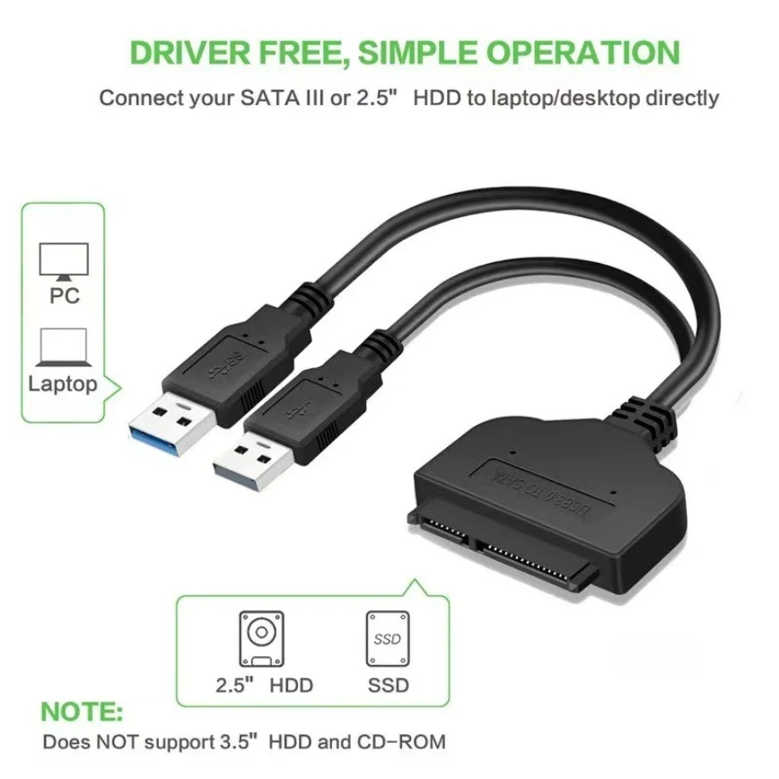 Dual USB to SATA Adapter SATA to USB 3.0 Cable Support 2.5 Inches External SSD HDD Hard Drive SATA 7+15 Pin Cable Up to 5 Gbps