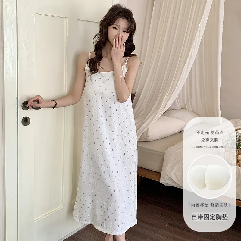 M-2XL حجم كبير المرأة بلا أكمام فستان طويل مع وسادة الصدر الكورية طباعة عالية الخصر Strappy ثوب النوم ملابس خاصة بيجامة فضفاضة