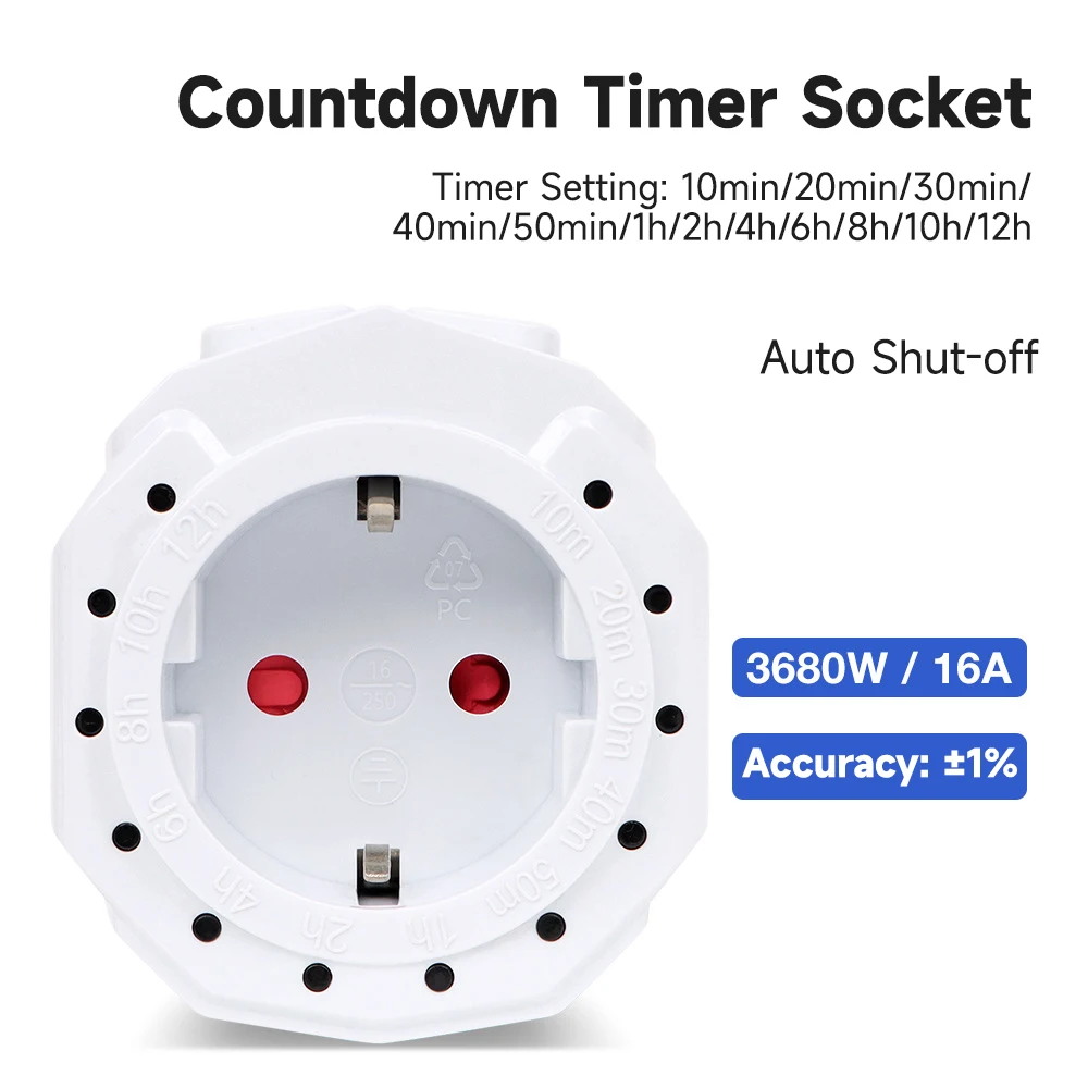 

230V EU Plug Timer Switch Countdown Switch New Timing Socket Kitchen Timer Socket 16A Timing 10min-12h Overload Protection